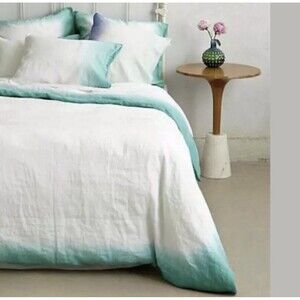 Anthropologie 100% Linen Aqua White Ombre Duvet Cover Size Queen Dip Dyed Boho